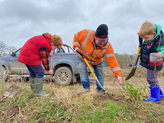 A man planting trees with his two sons.